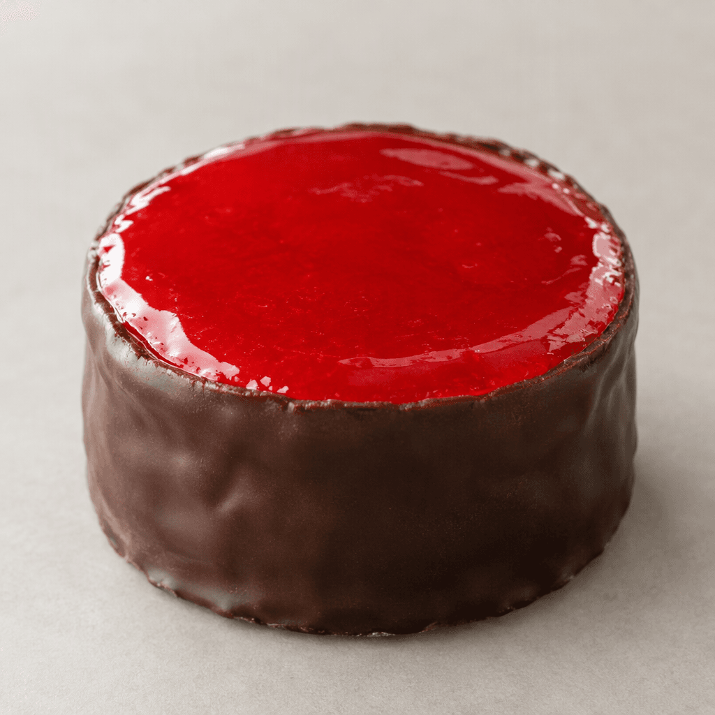 A small, round, soft sponge cake with a glossy red jelly layer on top, set in the center of a thin dark chocolate coating.