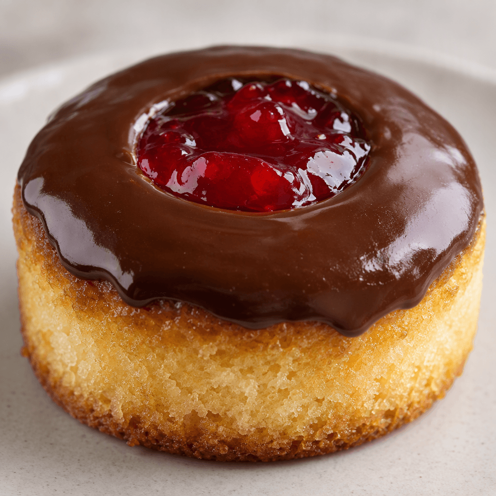 A small, round golden sponge cake topped with a glossy chocolate coating and a bright red jelly-filled center.