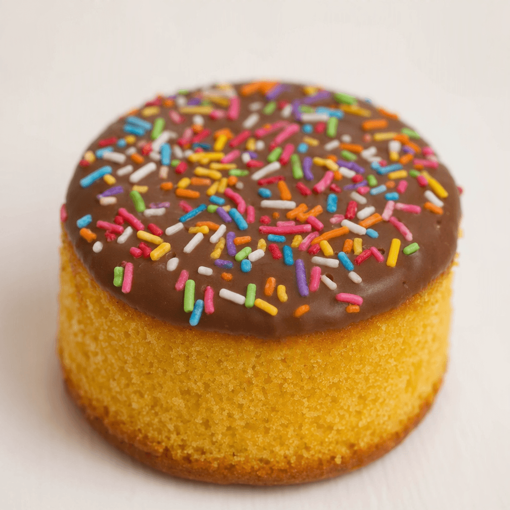 A small, round golden sponge cake topped with a smooth chocolate-colored coating and scattered bright multicolored sugar sprinkles, served on its own.