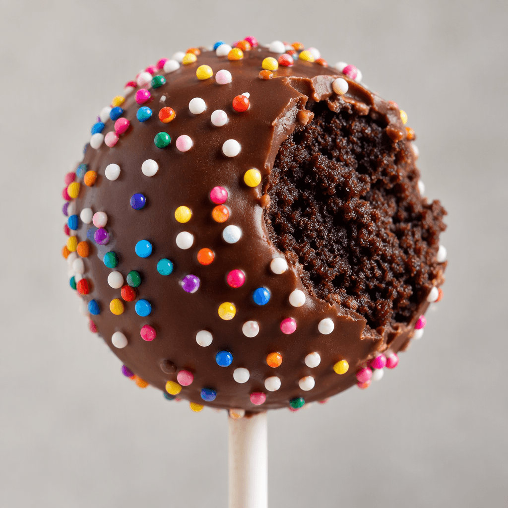 A small, round cake on a stick is coated in smooth chocolate and dotted with colourful sugar sprinkles, with a dark, crumbly cake surface visible where the coating is open.