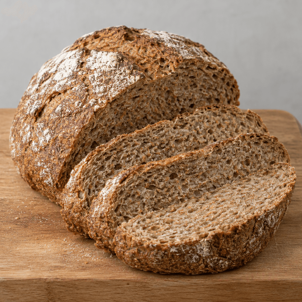 A rustic loaf of whole wheat bread with a deep brown, flour-dusted crust, a slightly irregular oval shape, and a dense, visibly coarse crumb with scattered wheat-bran flecks, sliced into thick pieces and arranged on a plain wooden board.