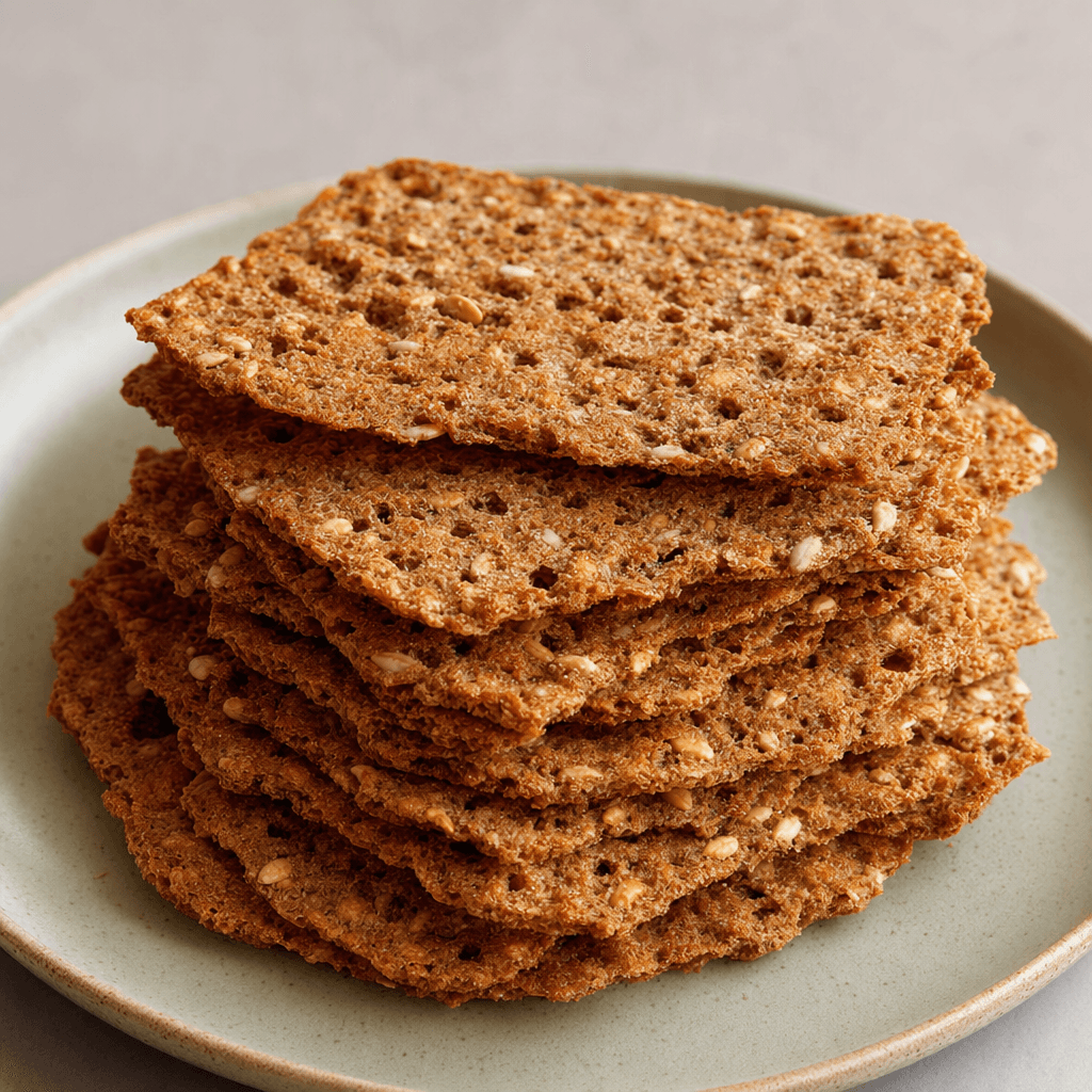 Kuru, pürüzlü ve gözenekli yüzeylerinde tahıl taneleri ile tohumların seçildiği, kızarmış kahverengi, ince ve yassı gevrek ekmek dilimleri tabakta hafifçe çapraz biçimde üst üste duruyor.