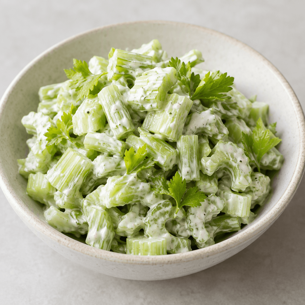 Chopped pale-green celery stalks with a few leafy tops are coated in a white creamy dressing and served as a loose mound in a bowl.