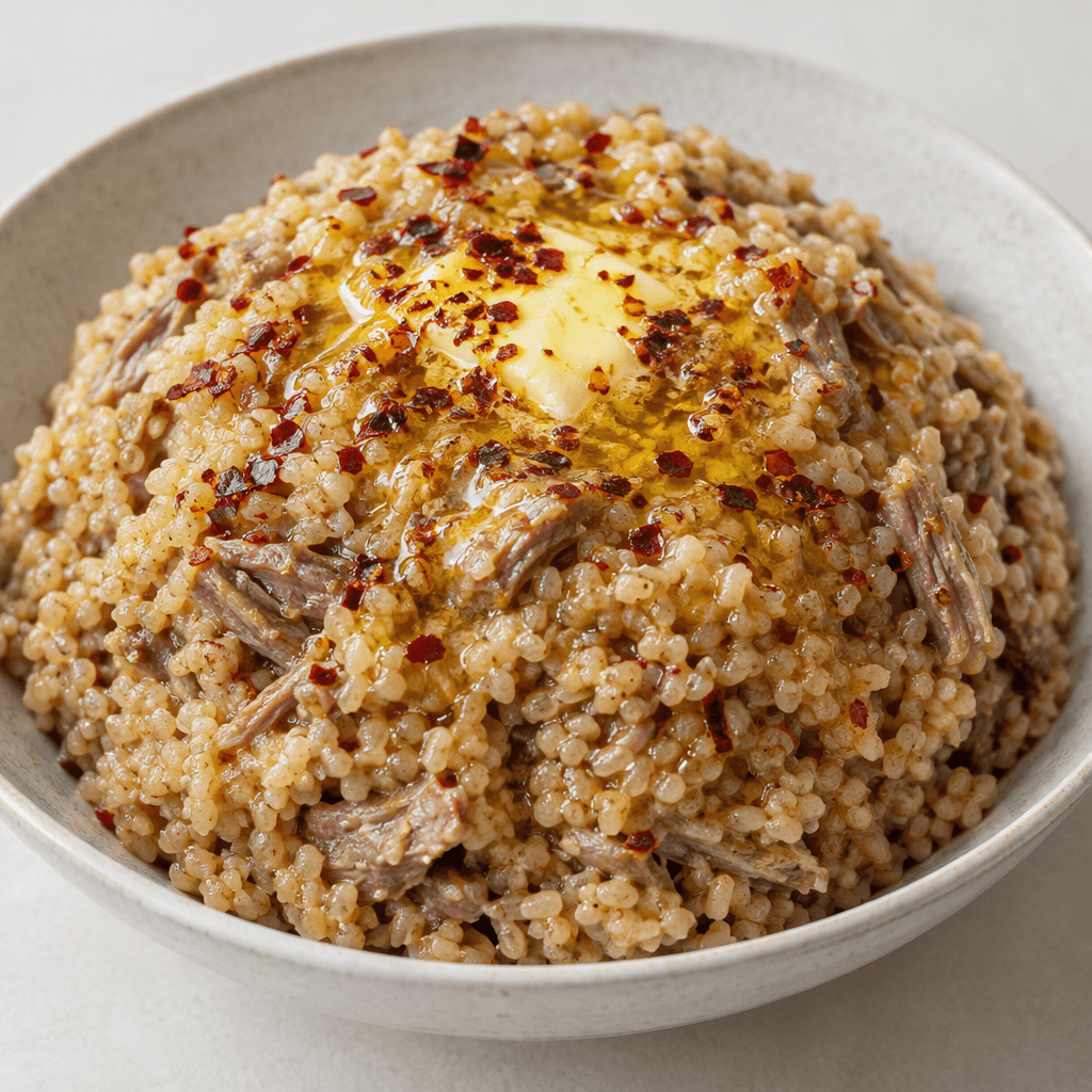 A thick, cohesive mound of pale beige cracked wheat with visible shredded meat, topped with a glossy pool of golden butter and scattered deep red pepper flakes, served in a shallow bowl.