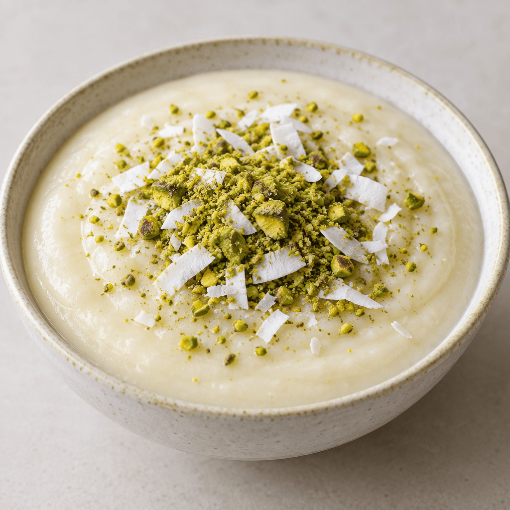 A smooth, thick, pale ivory almond milk pudding sits in a shallow bowl, topped with a small mound of finely ground green pistachios and scattered white coconut flakes.