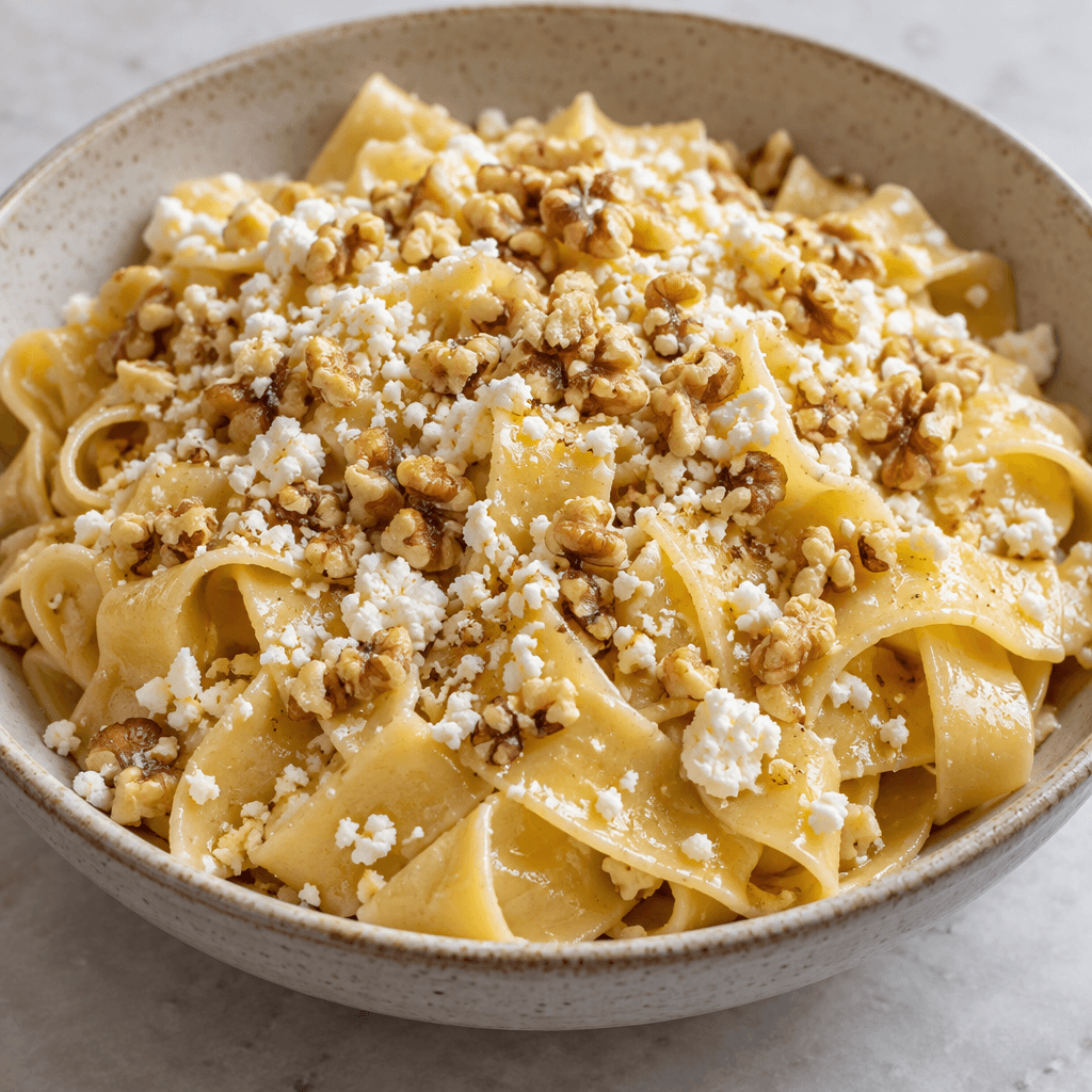 Wide, flat golden noodles are lightly glossy with butter and topped with a generous scatter of pale, finely crumbled keş and chopped walnuts.