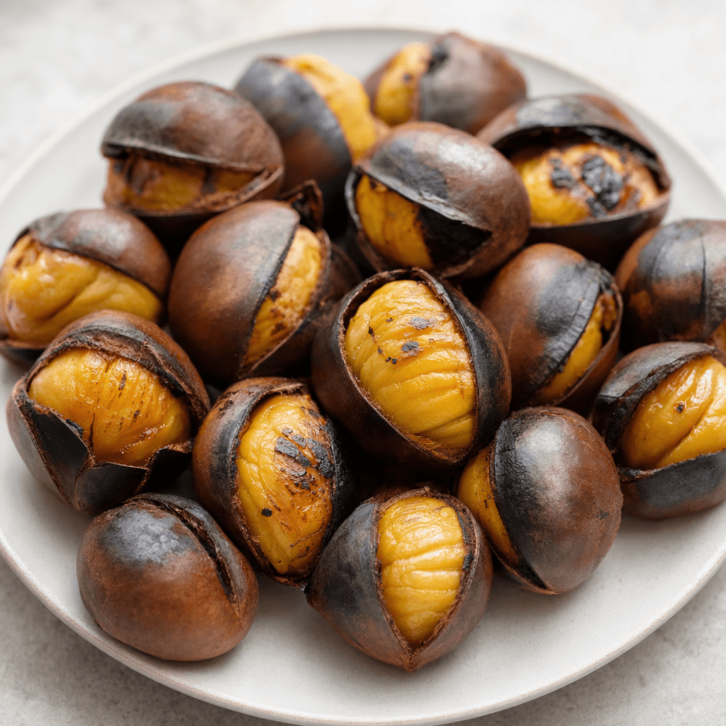 Whole grilled chestnuts with dark brown, charred shells split open to reveal golden-yellow flesh, arranged loosely on a plate.