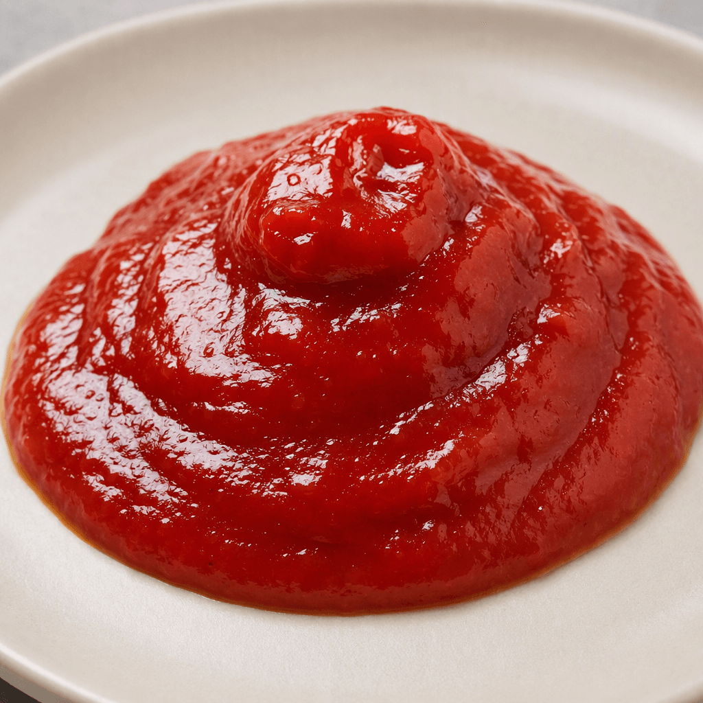 Glossy, smooth, thick red sauce with a rich tomato-red colour, piled in a small mound or flowing in a short ribbon onto a plain plate.