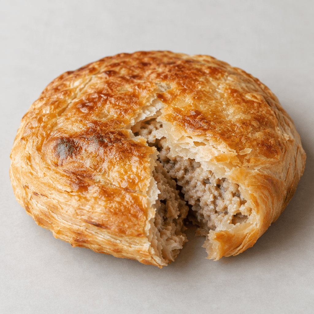 A round, slightly flattened golden-brown pastry with a lightly blistered surface and crisp layered edges, broken open to show a pale, soft interior with a fine beige filling.
