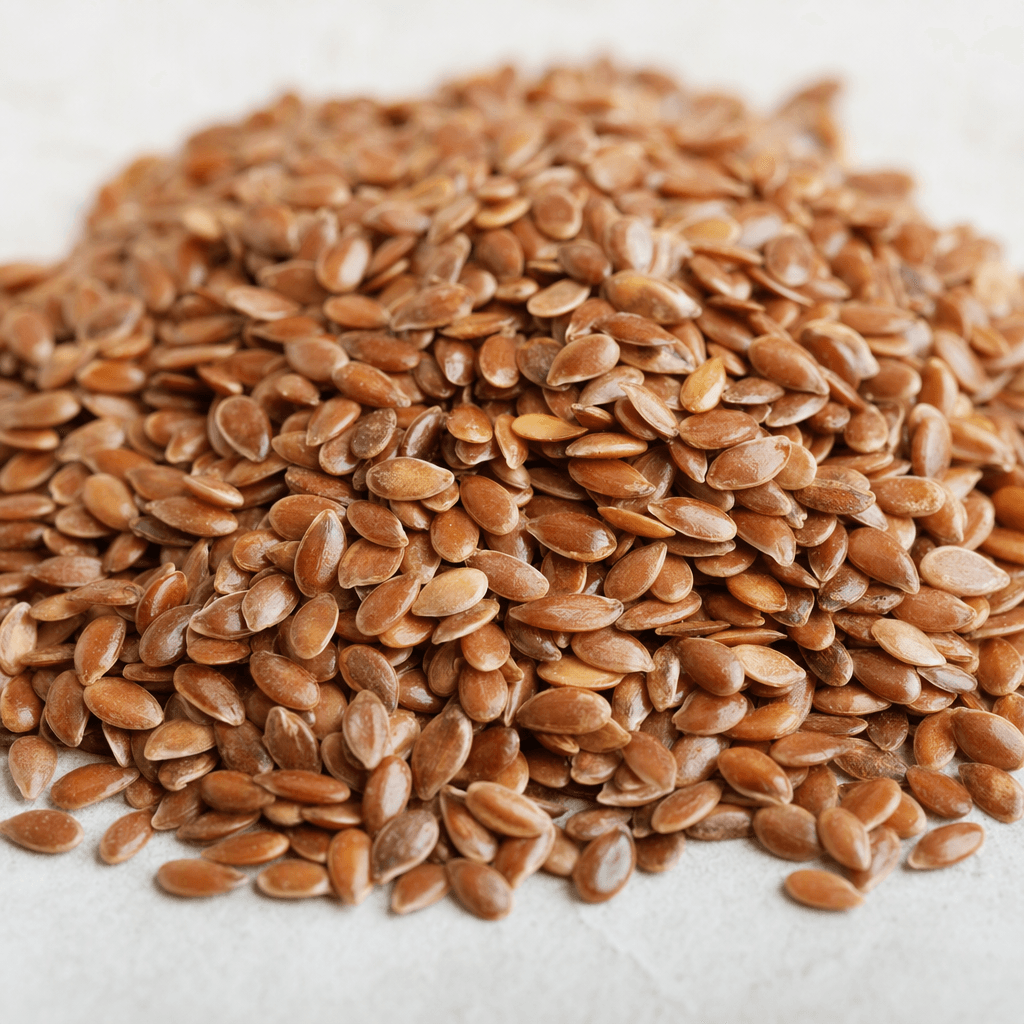 A loose pile of small, flat, oval flax seeds with smooth, slightly glossy surfaces in mottled reddish-brown and golden-brown tones.