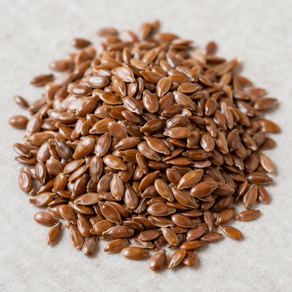 Tiny, flat oval flaxseeds with smooth, glossy surfaces in mottled golden-brown to reddish-brown tones, scattered loosely or gathered in a small pile.