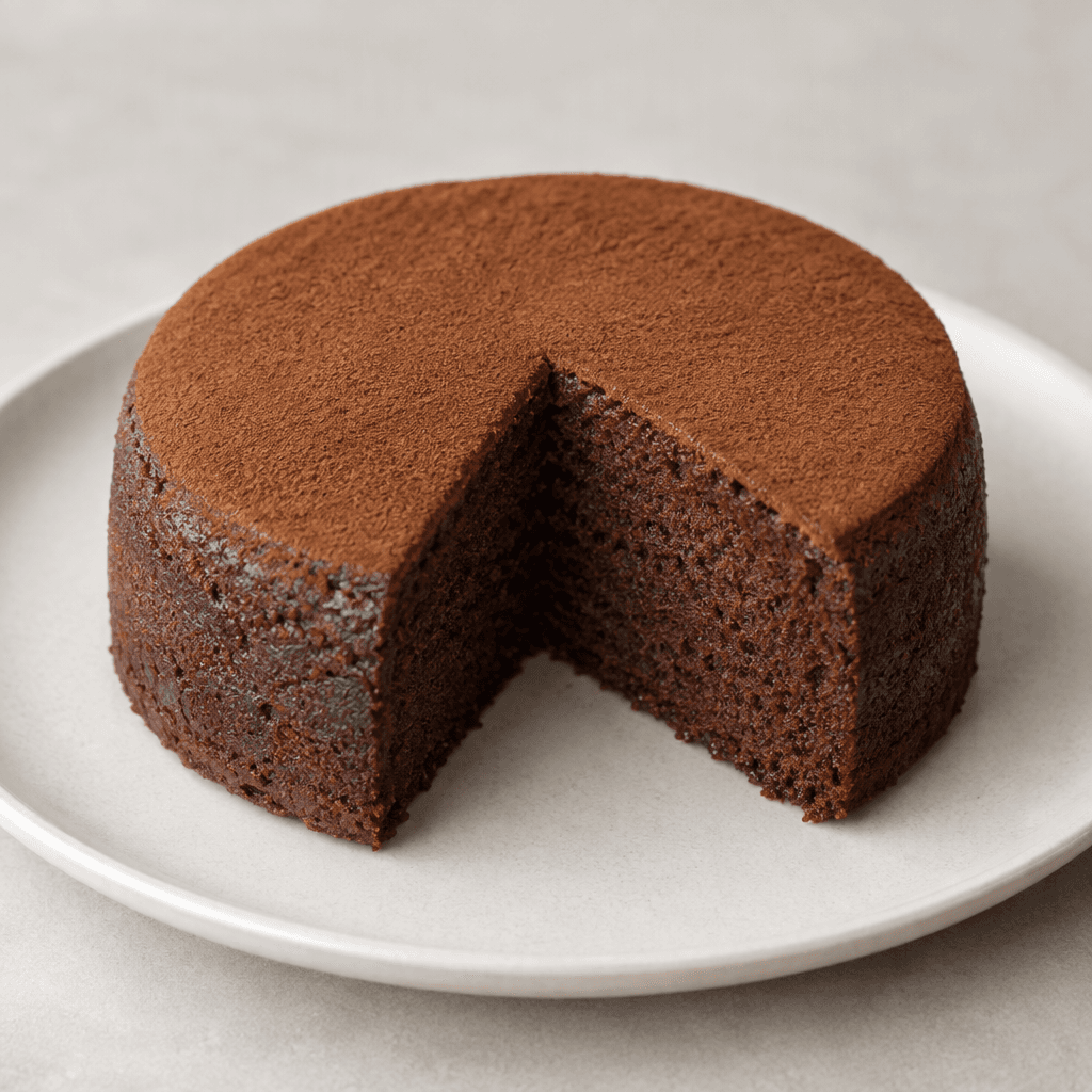 A small, round dark-brown cake with a smooth cocoa-colored top, cut to reveal a dense, fine-textured crumb and served on a plain plate.