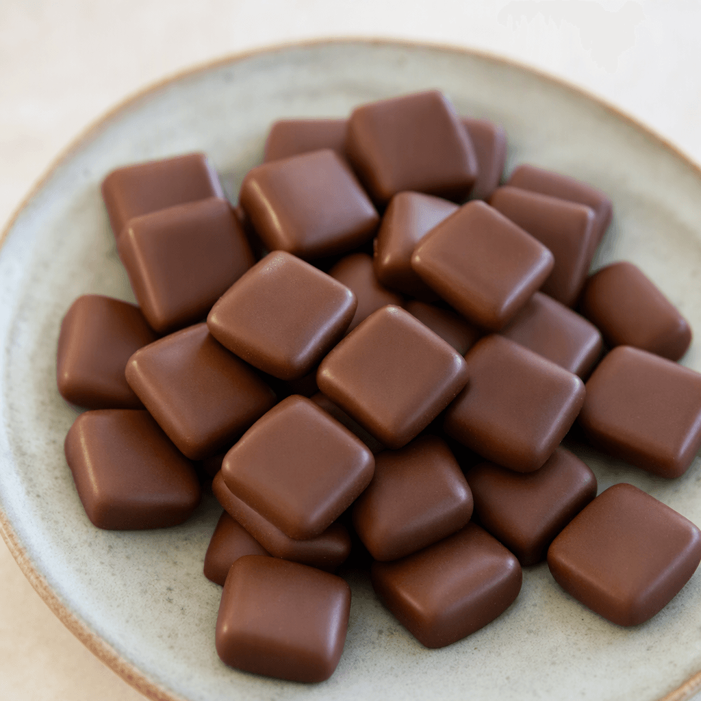 Small, smooth, dark-brown chocolate pieces with softly rounded edges are arranged together on a plate.