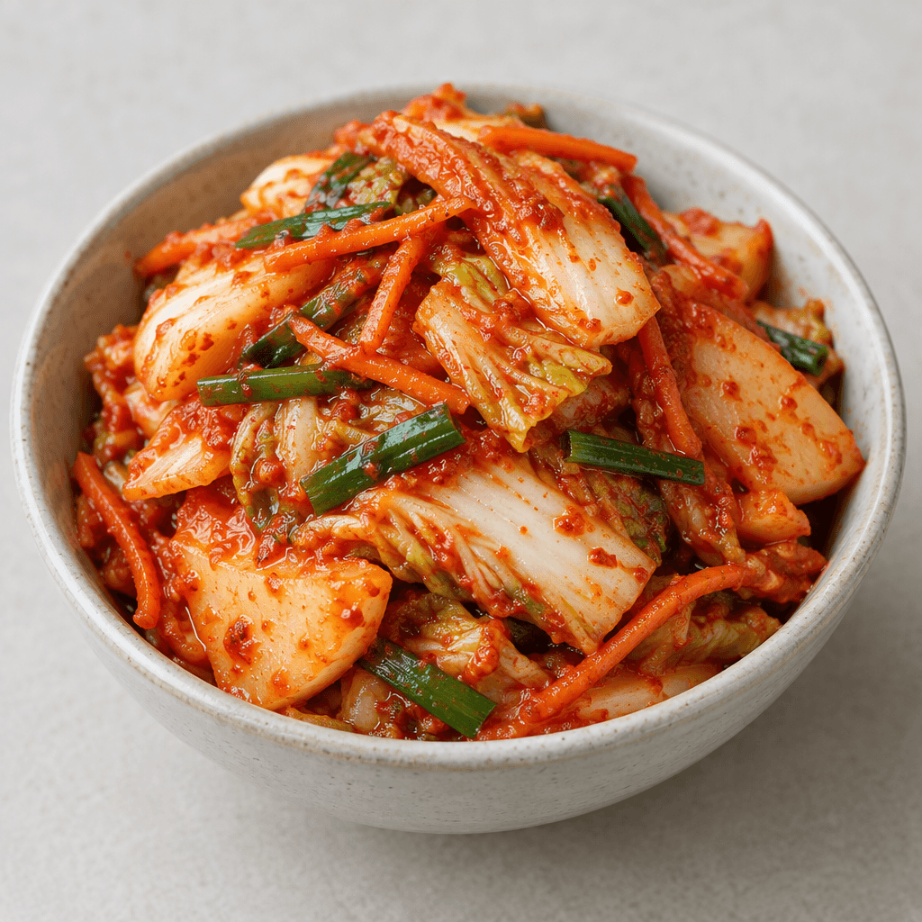 Roughly cut napa cabbage leaves and pale radish pieces are coated in a vivid red-orange chili paste, interspersed with thin carrot strips and green scallion pieces, and piled in a small bowl with a glossy, slightly wet texture.