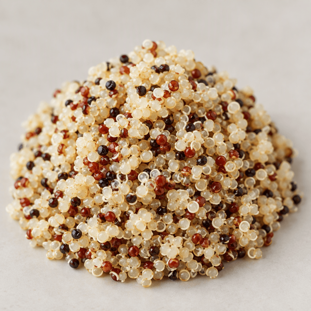 A small mound of quinoa shows tiny, round, flattened grains in pale ivory with a few red and black seeds, each marked by a delicate curved outer ring.