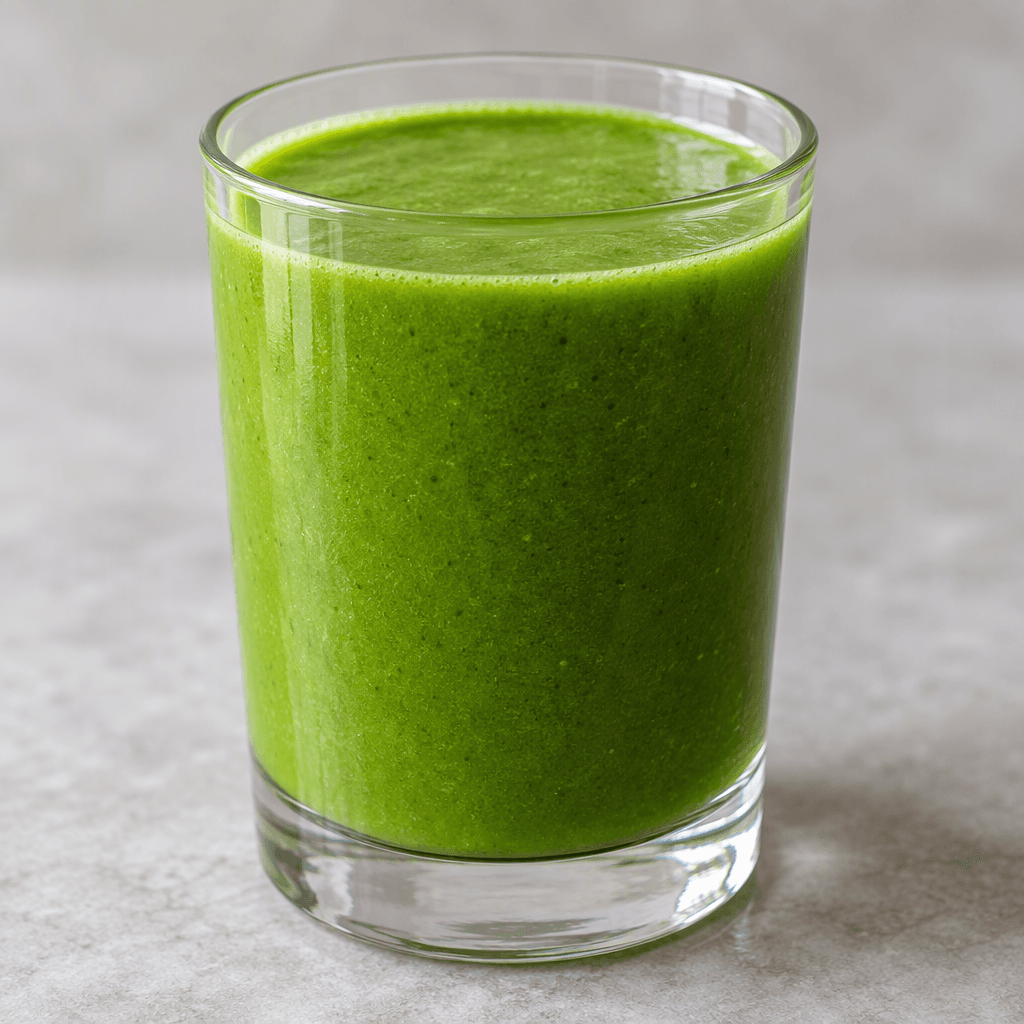 An opaque, vivid green drink fills a clear drinking glass, with a smooth surface and no visible garnish.