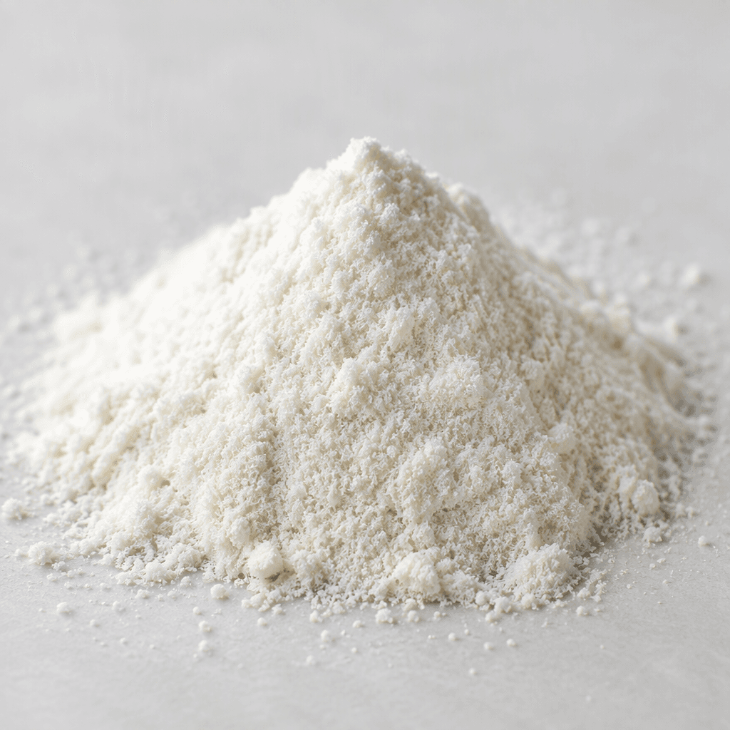 Fine, nearly white collagen powder with a soft, silky texture, loosely piled in a small mound with a few scattered granules visible around it.