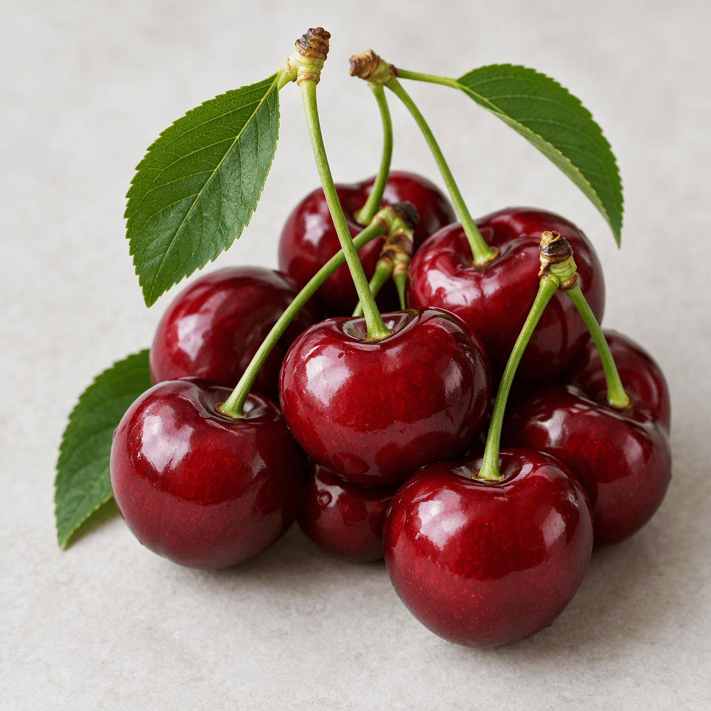 A small cluster of round, glossy deep-red cherries with smooth taut skins, slender green stems, and a few green leaves, arranged on a plain surface.