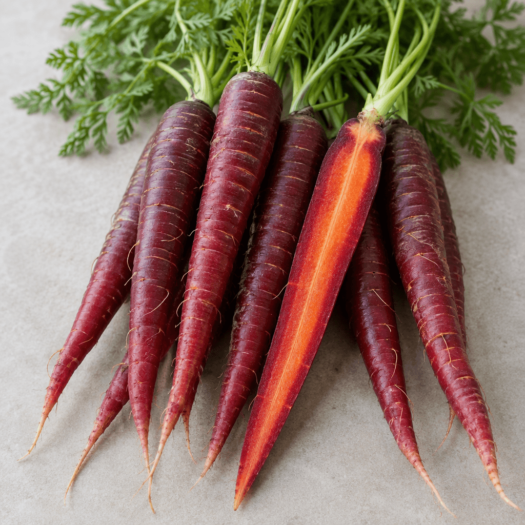 Several slender, tapered red carrots with smooth deep crimson-purple skin, leafy green tops attached, and one cut lengthwise to reveal a vivid red-orange interior with a small pale core.