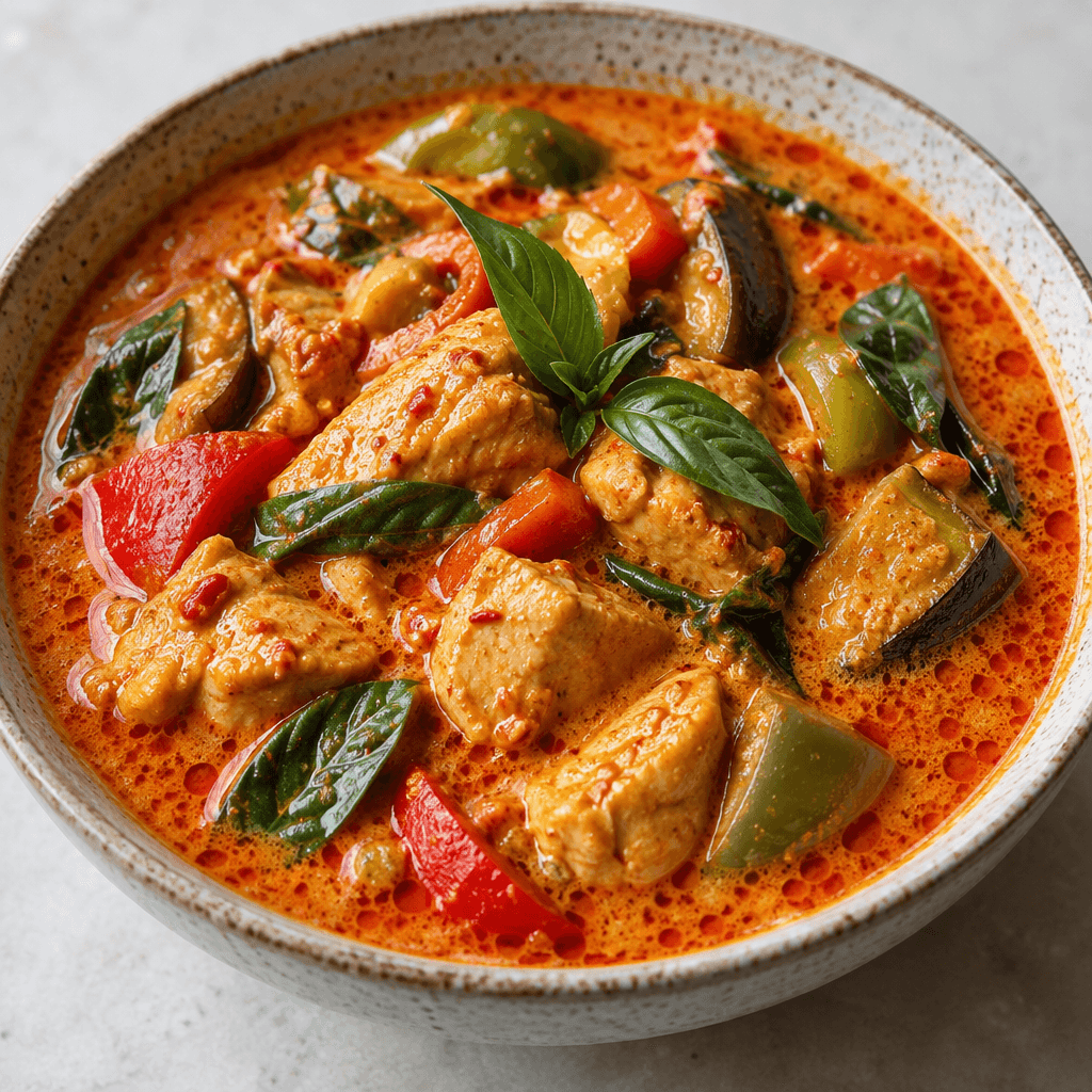 A glossy reddish-orange curry sauce fills a shallow bowl, with visible chunks of meat and vegetables, flecks of red chili, and green leaves scattered across the surface.
