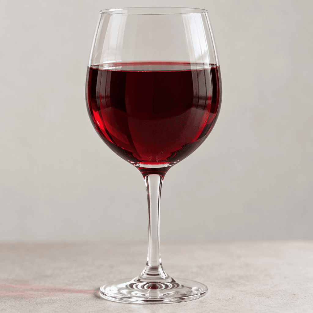 Deep ruby-red, translucent liquid with a smooth surface fills a clear stemmed wine glass, catching dark red reflections along the bowl.