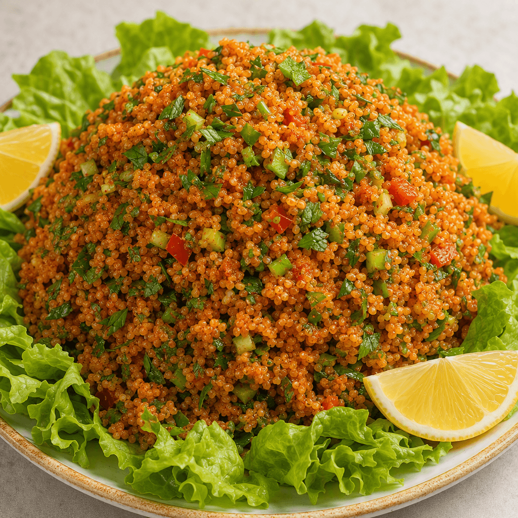 A mound of fine bulgur salad appears reddish-orange and granular, mixed with finely chopped parsley, scallions and other green herbs, with small vegetable pieces visible throughout and often served on a plate with lettuce leaves and lemon wedges.