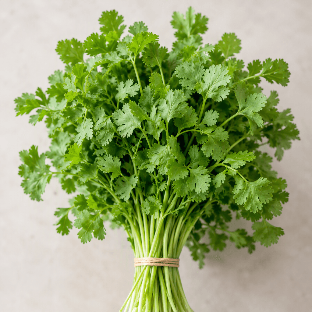 A bunch of fresh coriander with thin pale-green stems and delicate, bright-green, feathery leaves clustered at the tops.