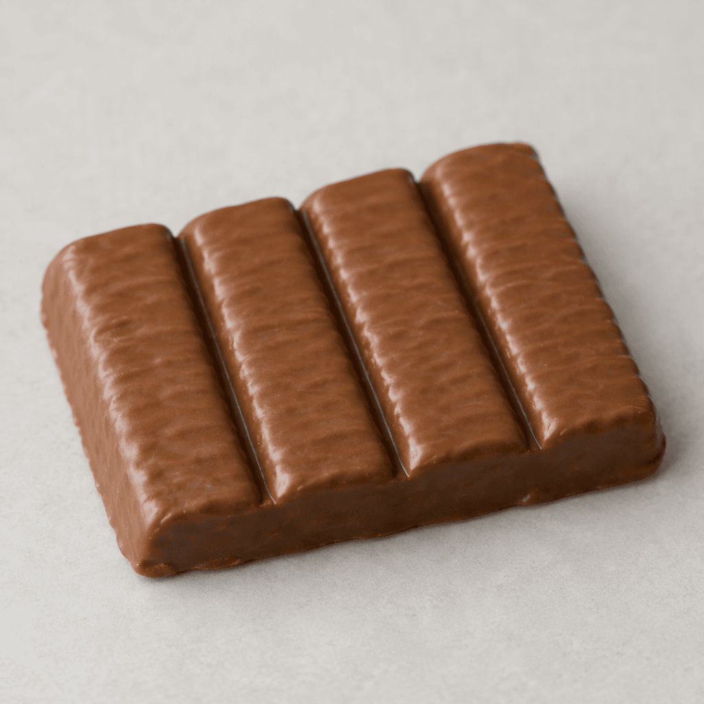 A rectangular bar made of four ridged wafer fingers joined side by side, covered in a smooth medium-brown chocolate coating with shallow grooves marking each breakable section.
