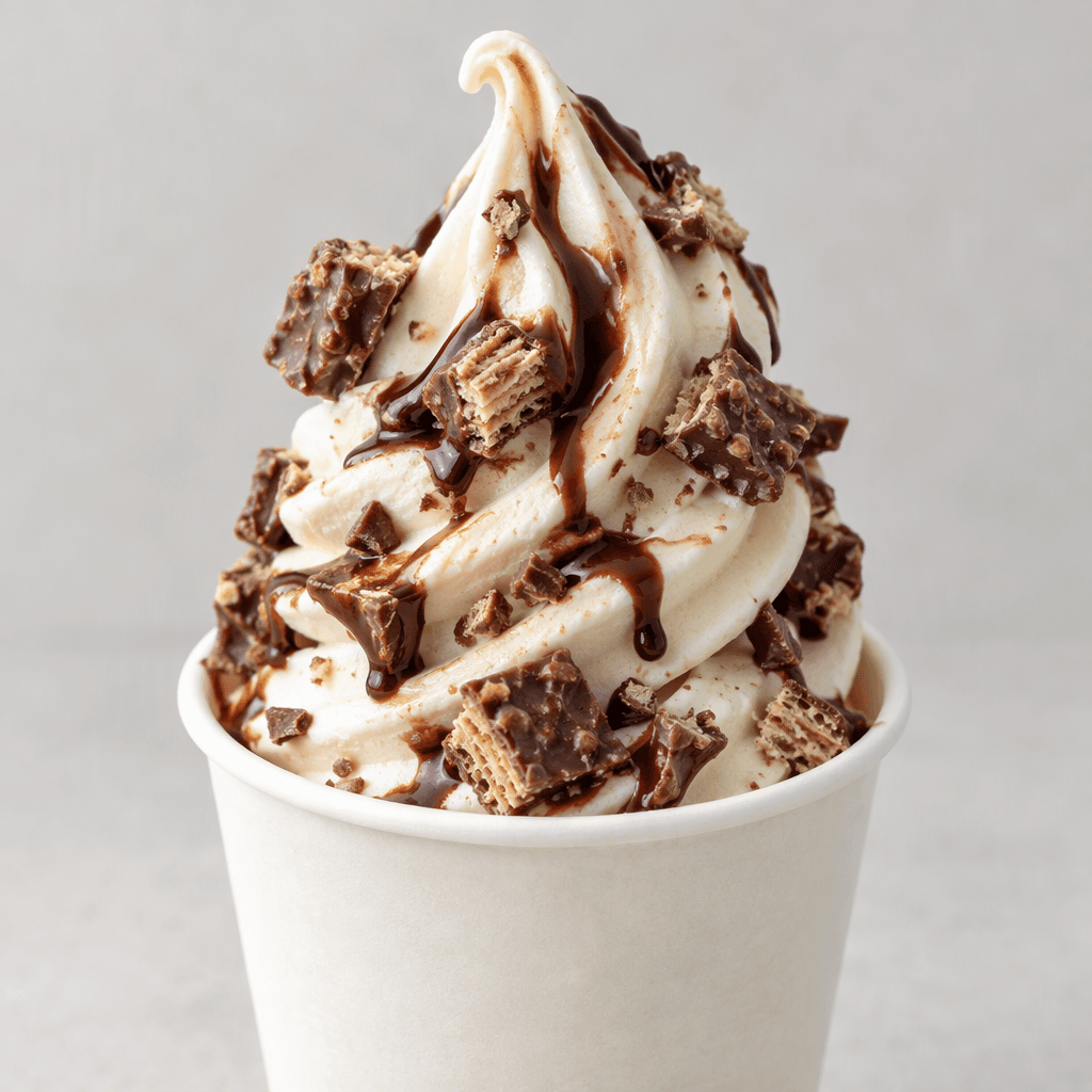 A pale cream-colored soft-serve dessert sits in a cup, streaked with chocolate and dotted with irregular crunchy wafer pieces coated in chocolate.