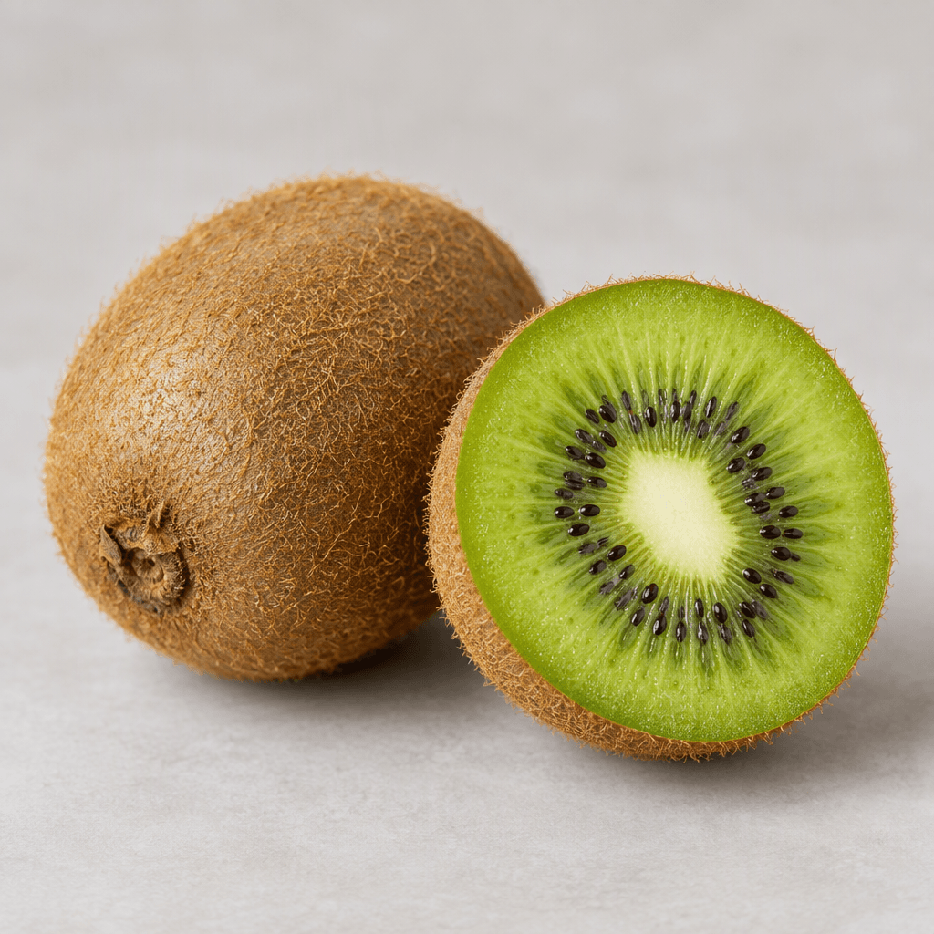 A brown, oval kiwi with a fine fuzzy skin is shown beside a halved kiwi, revealing vivid green flesh, a small pale center, and a ring of tiny black seeds.