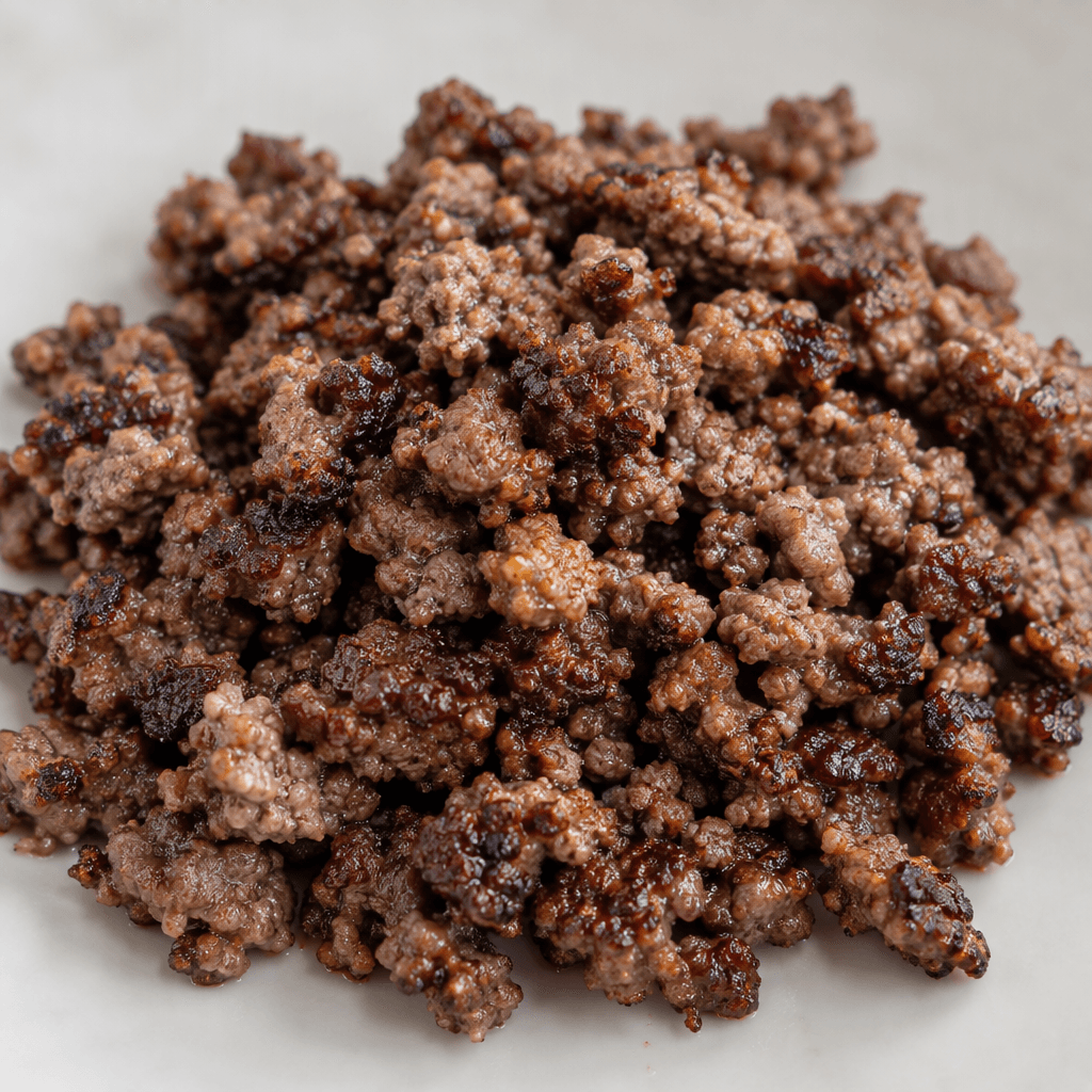 Small, irregular crumbles of ground beef with browned edges and darker seared bits, ranging from gray-brown to deep brown and glistening lightly with rendered fat.