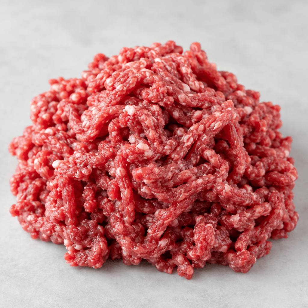 A loose mound of raw ground beef with a deep pink-red colour, visibly interspersed with small white flecks and streaks of fat, forming soft irregular strands and clumps.