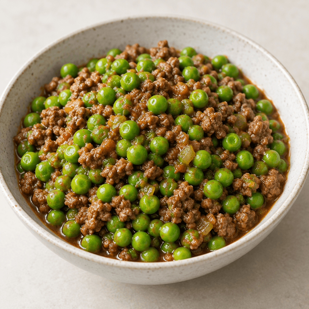 A shallow bowl holds bright green peas mixed with small browned crumbles of ground beef in a light, glossy reddish-brown sauce.