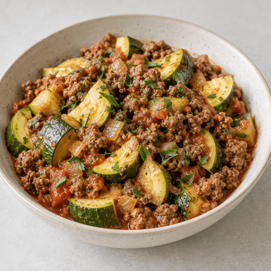 Tender pale-green zucchini pieces and browned crumbles of ground beef are served together in a shallow dish, lightly coated in a reddish tomato sauce with visible onion pieces and scattered green herbs.