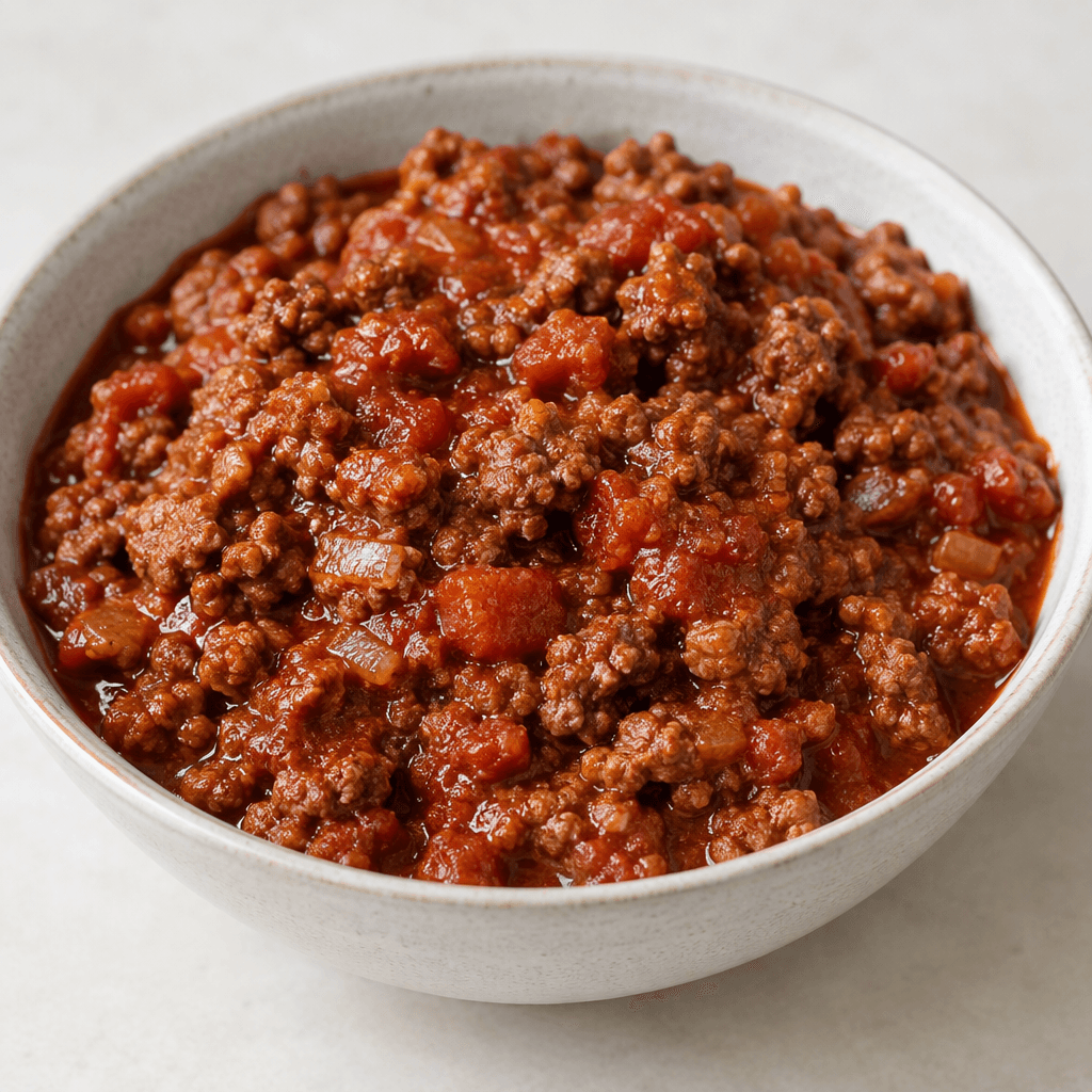 Loose browned crumbles of ground beef are coated in a thick, glossy deep-red tomato sauce, with small visible pieces gathered in a shallow bowl.