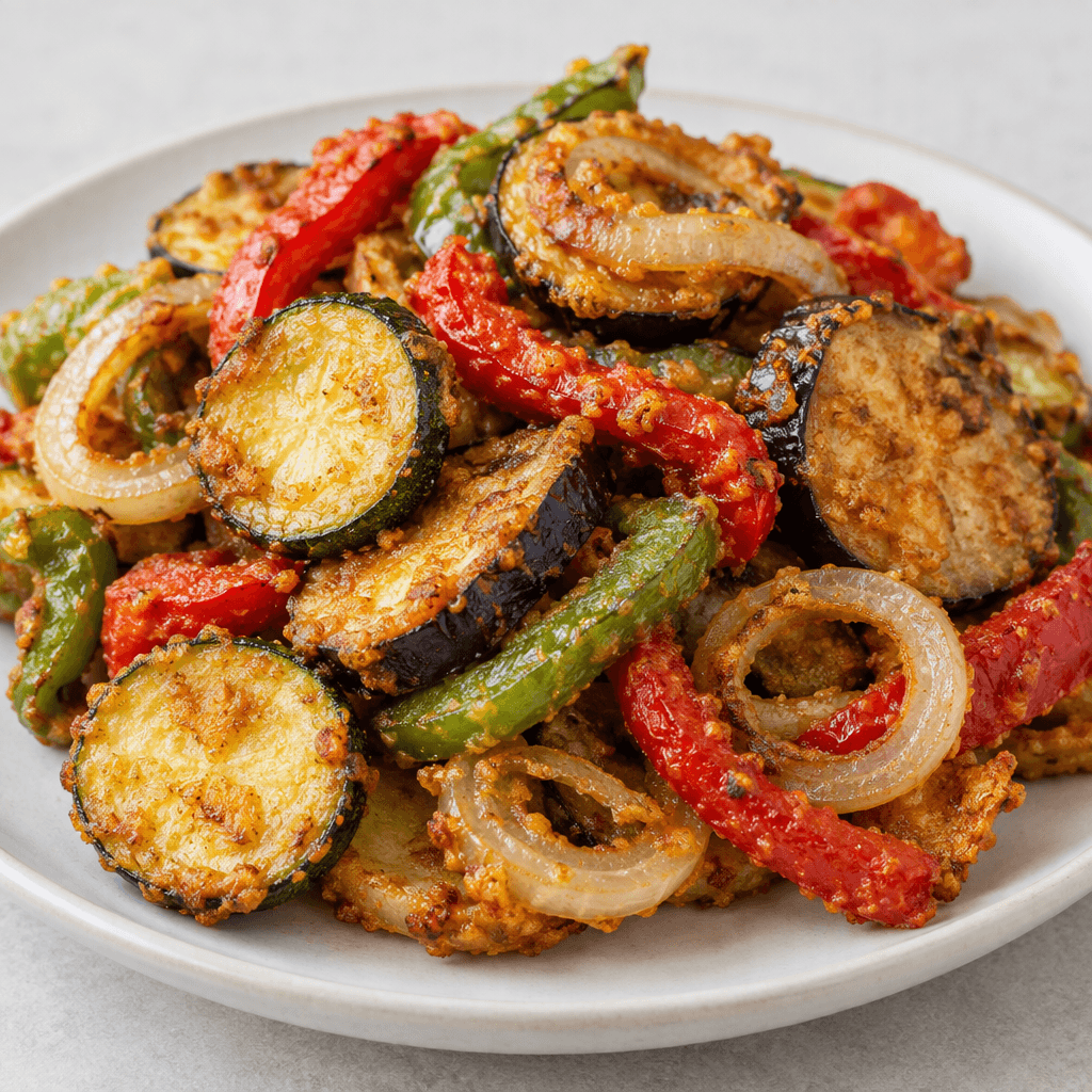 An assortment of sliced zucchini, eggplant, red and green peppers, and onion rings lies on a plate, each piece deep golden brown with crisp, craggy edges and tender-looking colourful interiors visible where cut.