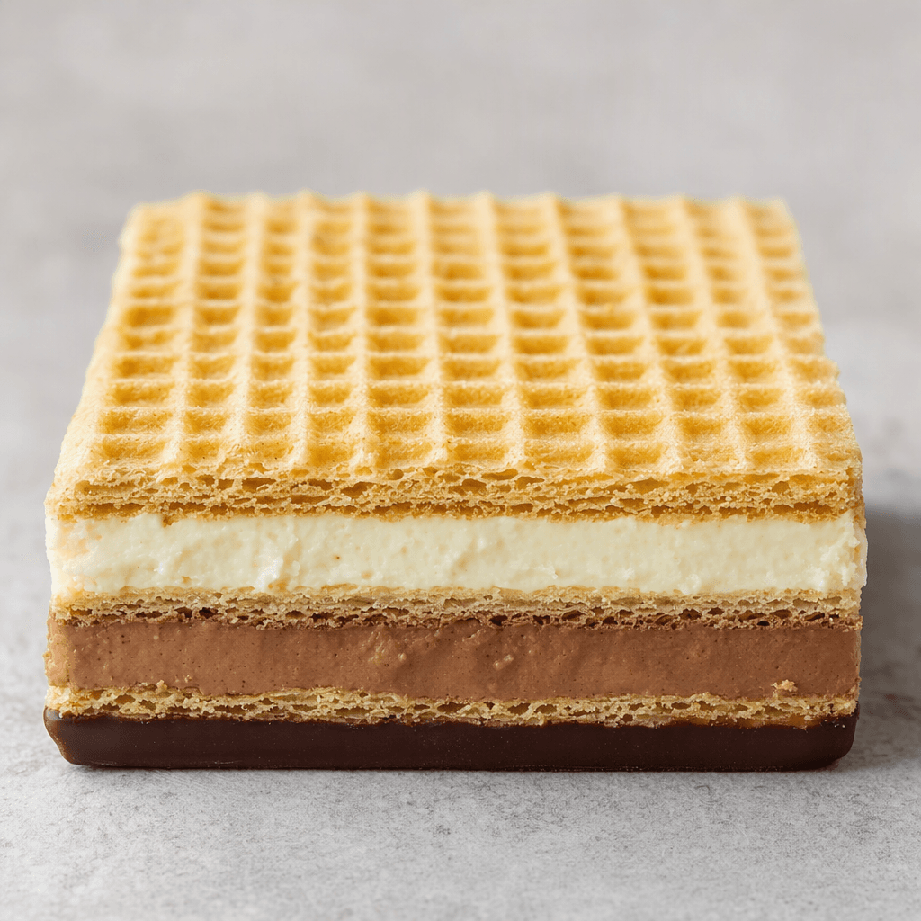 A rectangular, layered wafer bar with a pale golden, grid-patterned top and crisp wafer sheets sandwiching thick ivory milk cream and light-brown hazelnut cream, with a thin chocolate coating along the bottom.