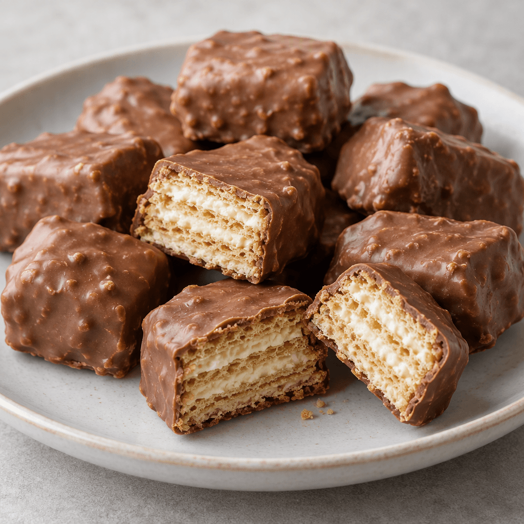 Small, irregularly rounded rectangular bites with a light-brown chocolate coating and crisp, thin wafer layers enclosing pale cream filling, shown loose on a plate with a few cut open.