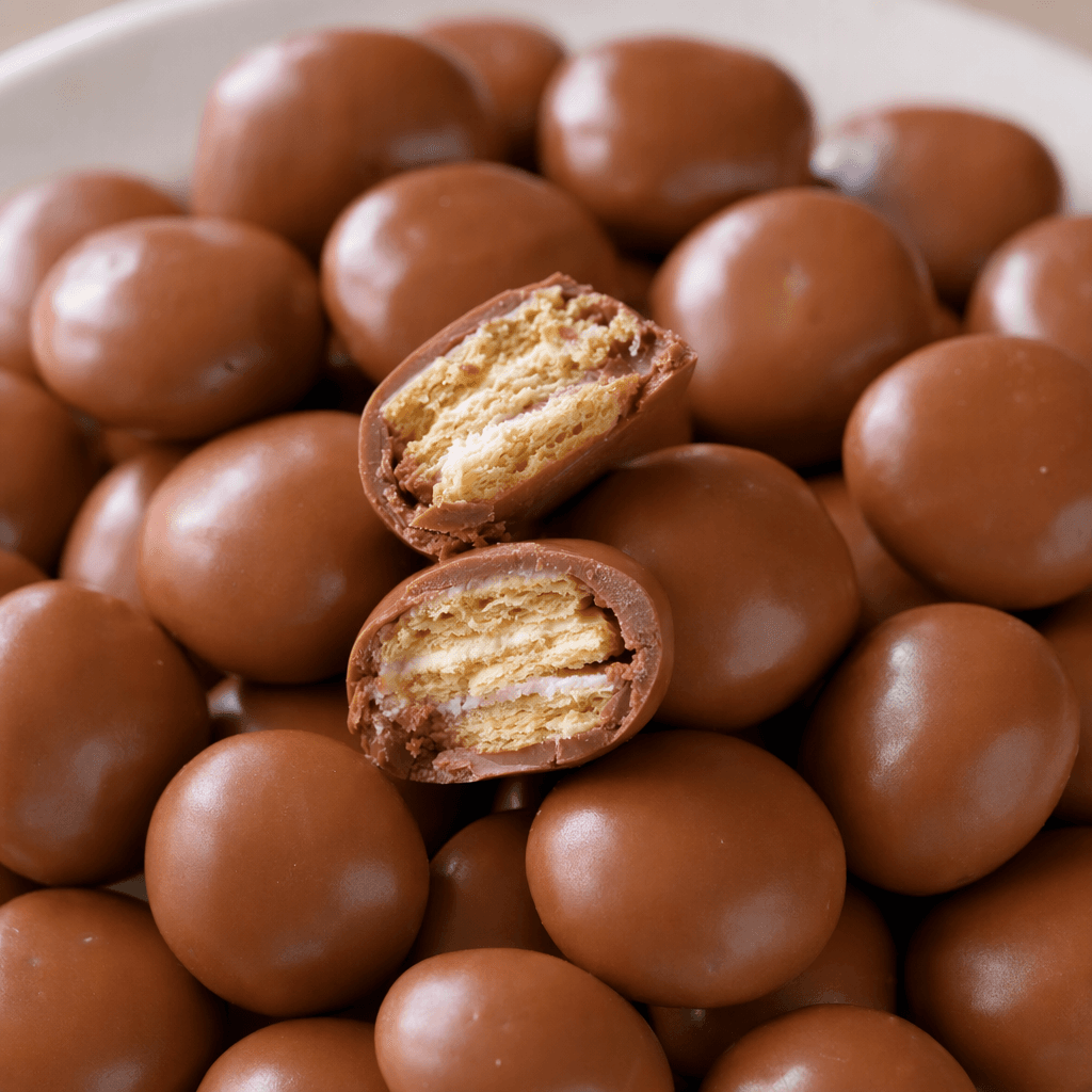 Small, bite-sized rounded pieces are coated in light-brown milk chocolate, with crisp, thin wafer layers and pale cream visible in the broken-open centers.