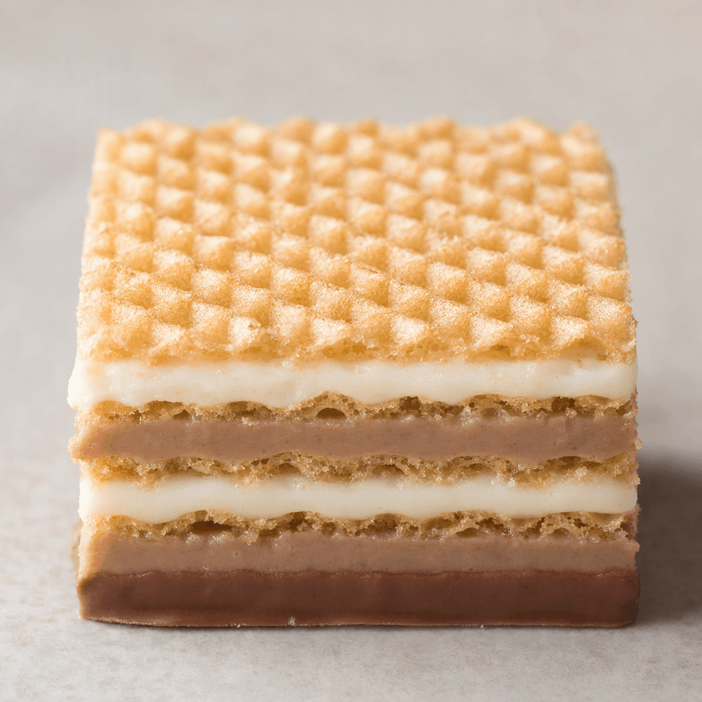 Small rectangular wafer bites show crisp golden-brown wafer layers alternating with pale milk-colored and light hazelnut-brown cream, with a thin milk-chocolate layer along the bottom.