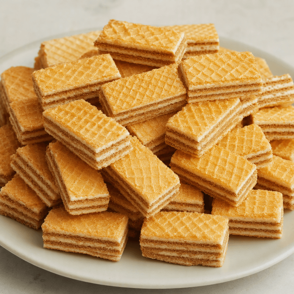 Small, rectangular golden-beige wafer bites with a crisp grid pattern on top and visible alternating layers of pale cream and light-brown filling along the sides.