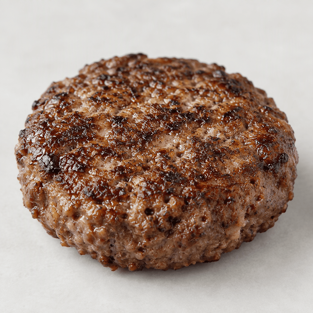 A thick, round, flattened beef patty with a browned, uneven surface and a coarse, juicy-looking texture.