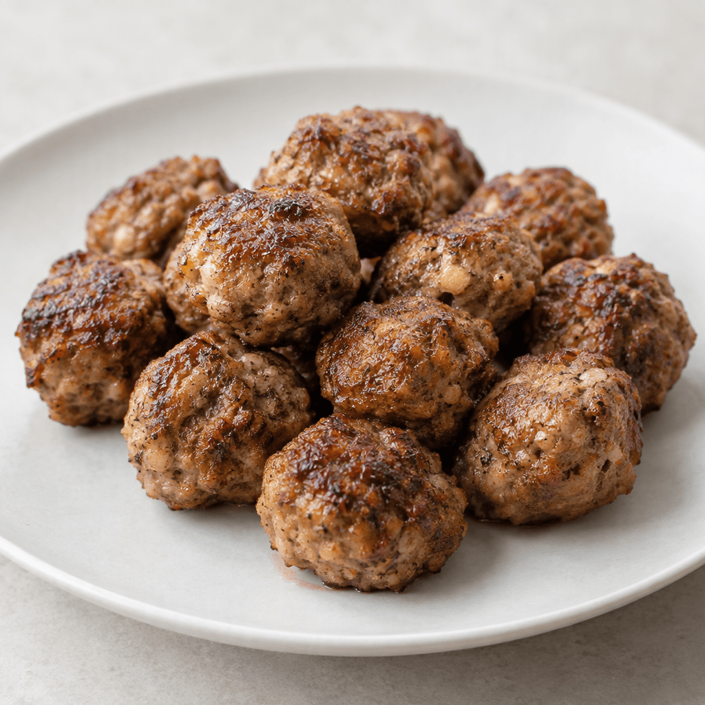 Several small, round cooked meatballs with browned, slightly uneven surfaces and visible coarse texture are arranged on a plain plate.