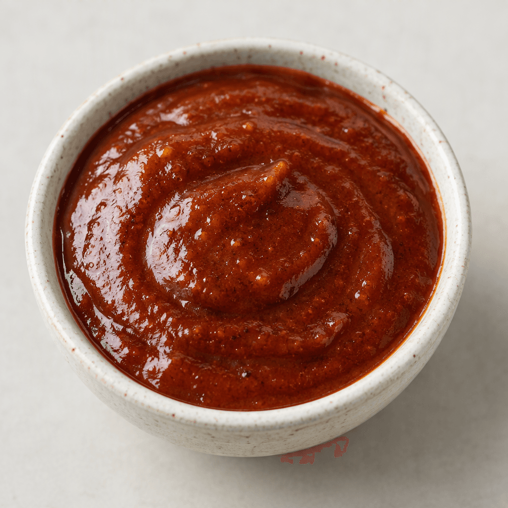 A thick, glossy red-brown sauce with a smooth, slightly textured surface, pooled in a small serving bowl.