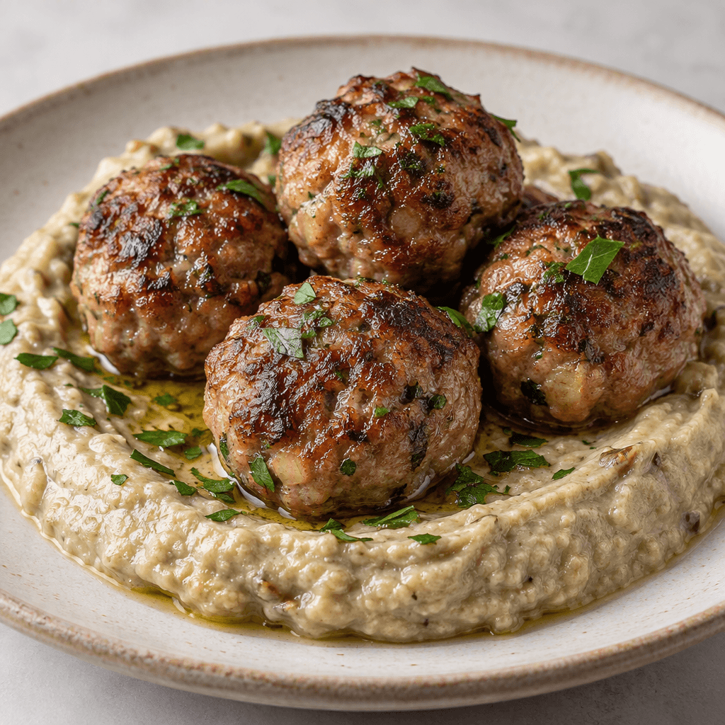 Several browned, round meatballs sit on a smooth, creamy pale beige eggplant purée, served together on a plate.