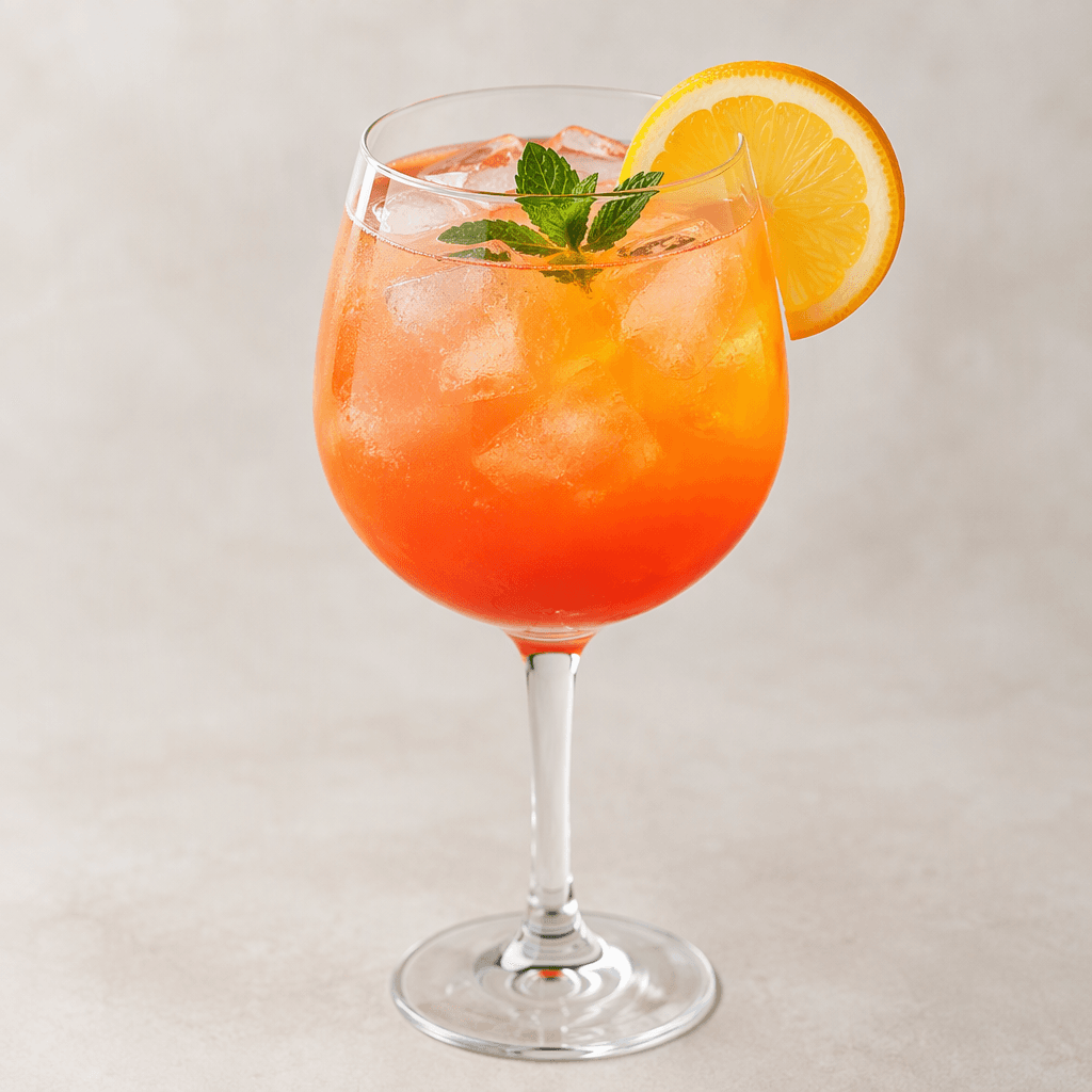 A clear, brightly colored mixed drink in a stemmed glass, with ice cubes, a thin citrus slice on the rim, and a small garnish floating on the surface.