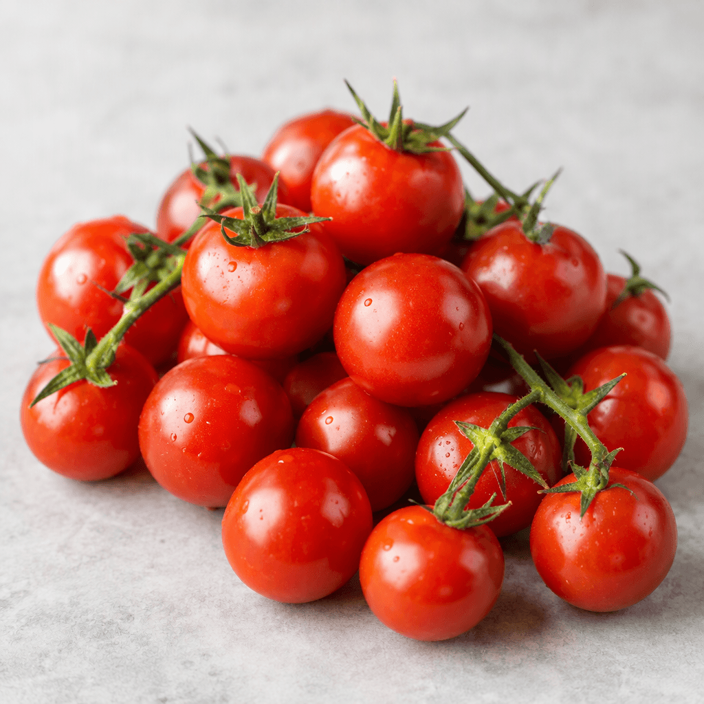 Small, round cocktail tomatoes with smooth, taut, glossy red skin, some attached to short green stems and others arranged loose on a surface.