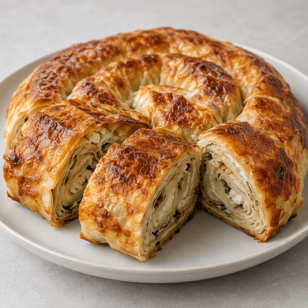 İnce katmanlı hamurun uzun ve sıkı bir rulo halinde sarılmasıyla oluşan, yüzeyi koyu altın kahverengi ve kabarcıklı, kalın dilimlenerek tabakta sunulan bir börek.