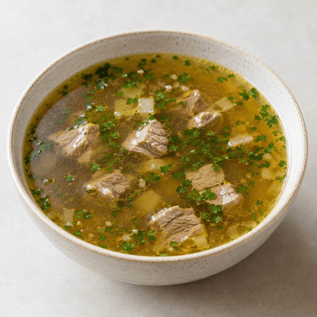 A bowl of clear golden-brown soup with small pieces of meat and finely chopped green herbs floating in the broth.