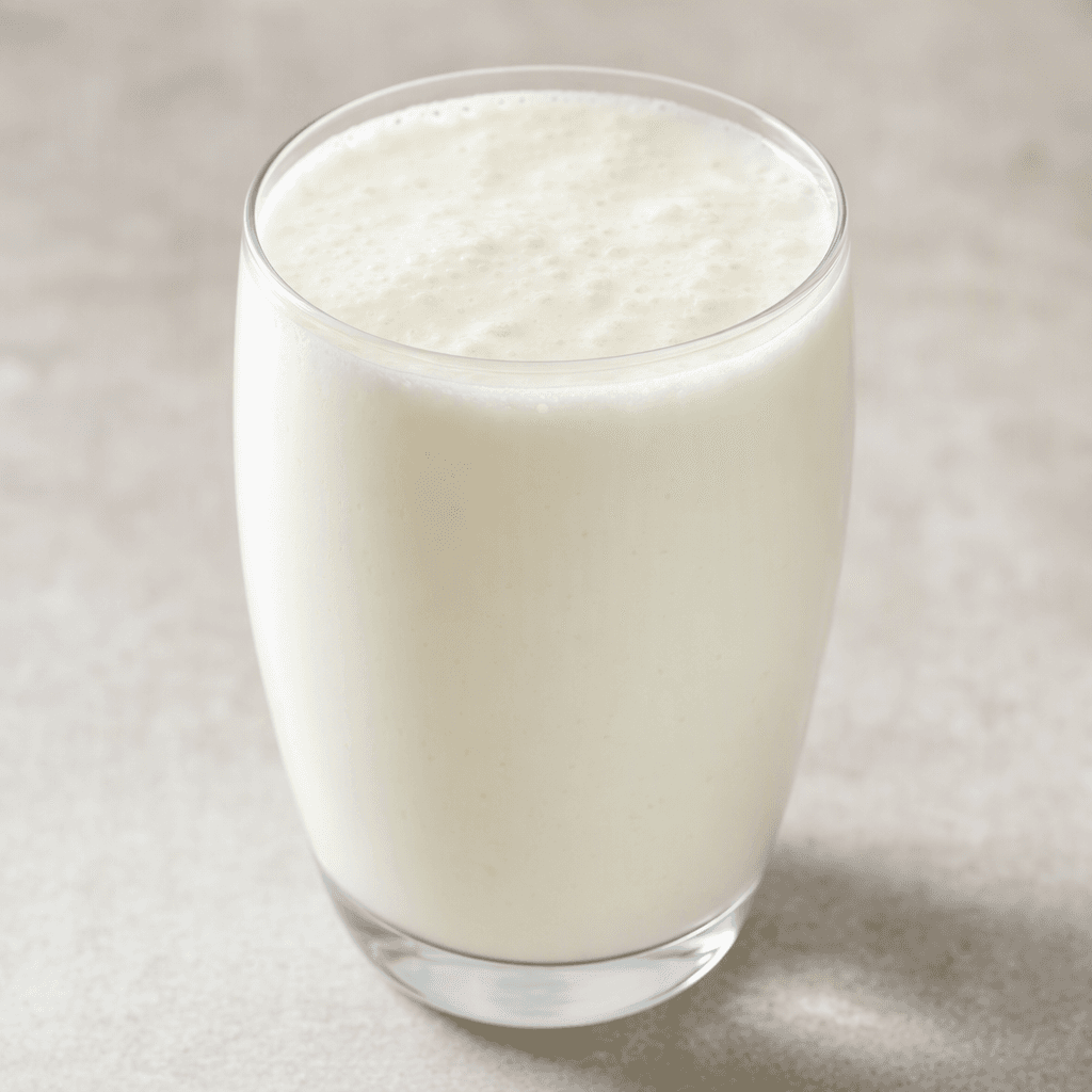 A pale white, pourable yogurt drink with a smooth, lightly foamy surface, served in a clear glass.